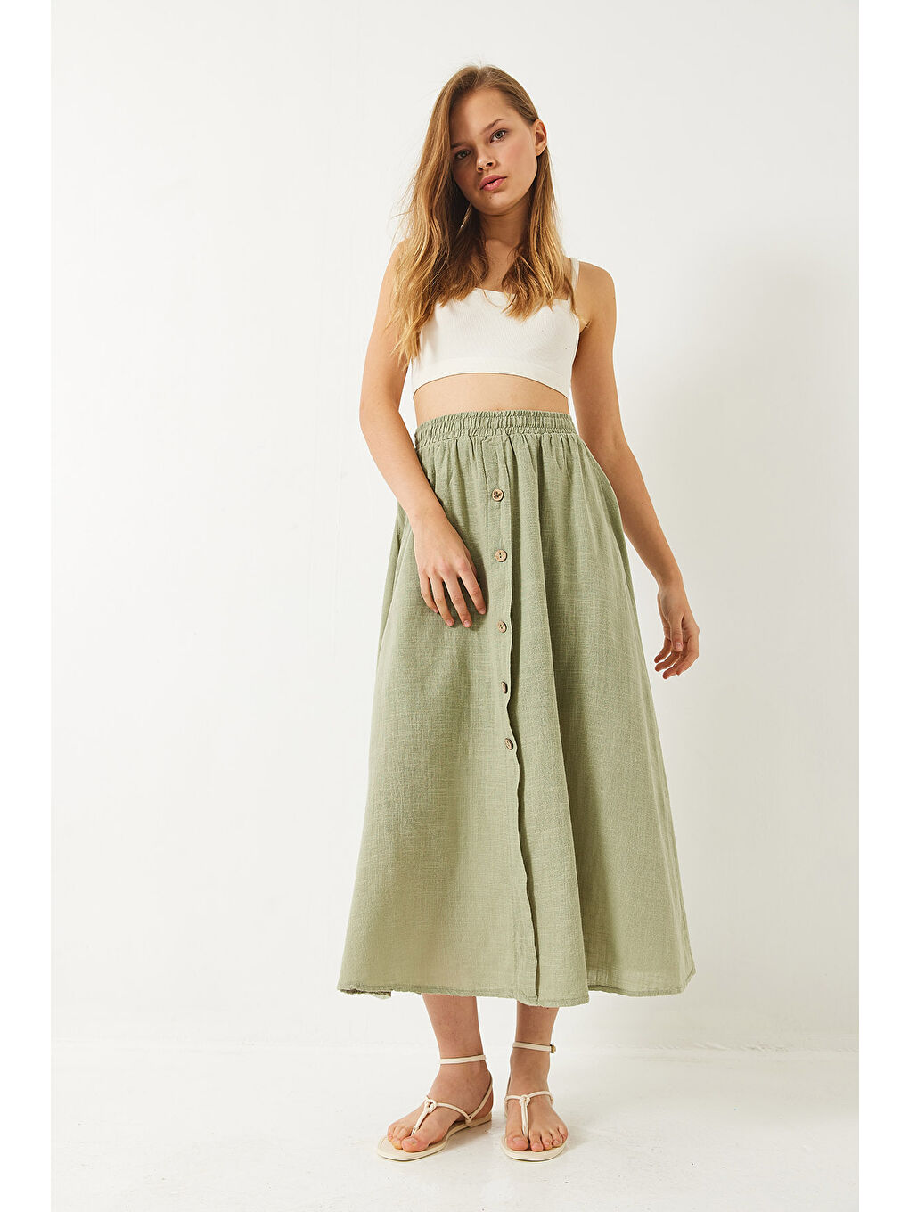 Yeşil Kadın Düğme Detaylı Beli Lastikli Kısa Astarlı Keten Etek-1