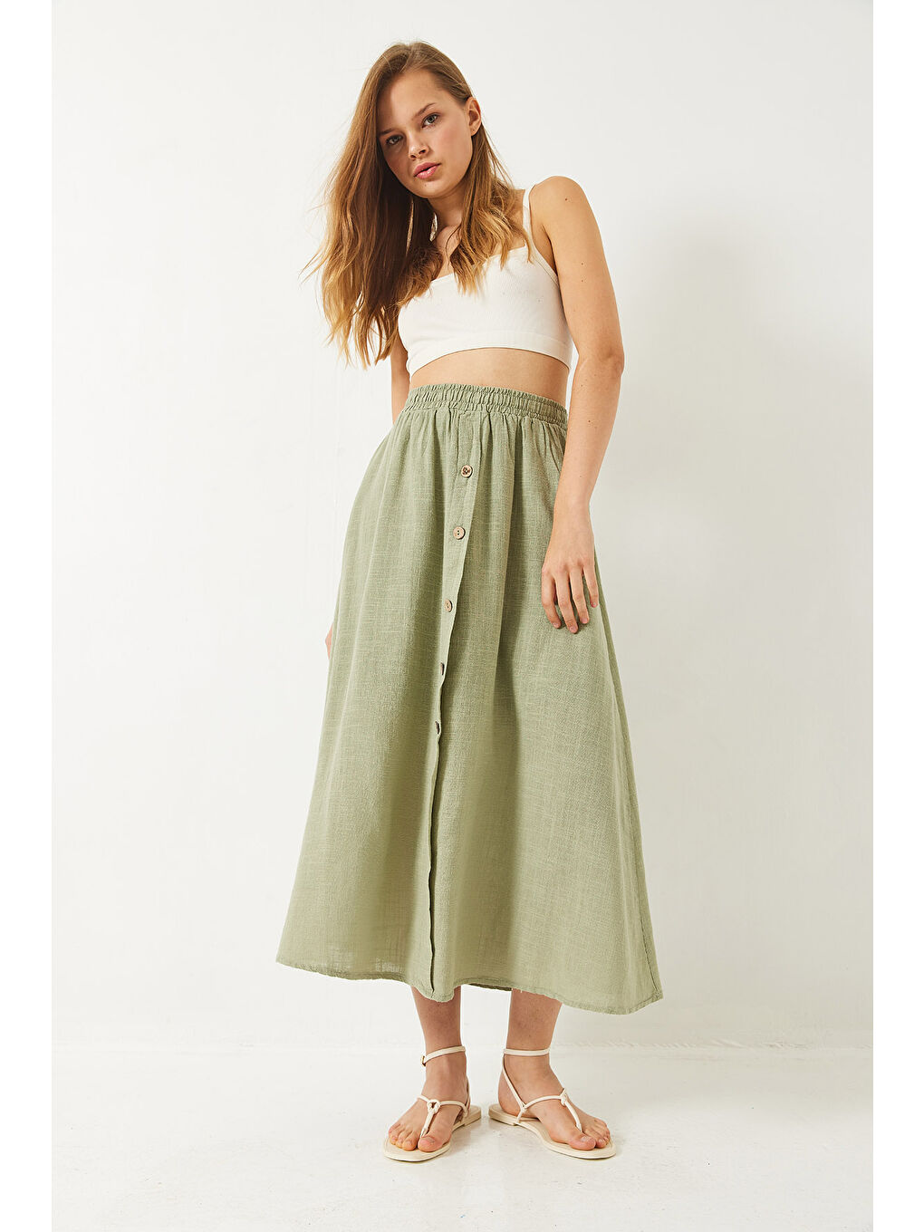 Yeşil Kadın Düğme Detaylı Beli Lastikli Kısa Astarlı Keten Etek-2
