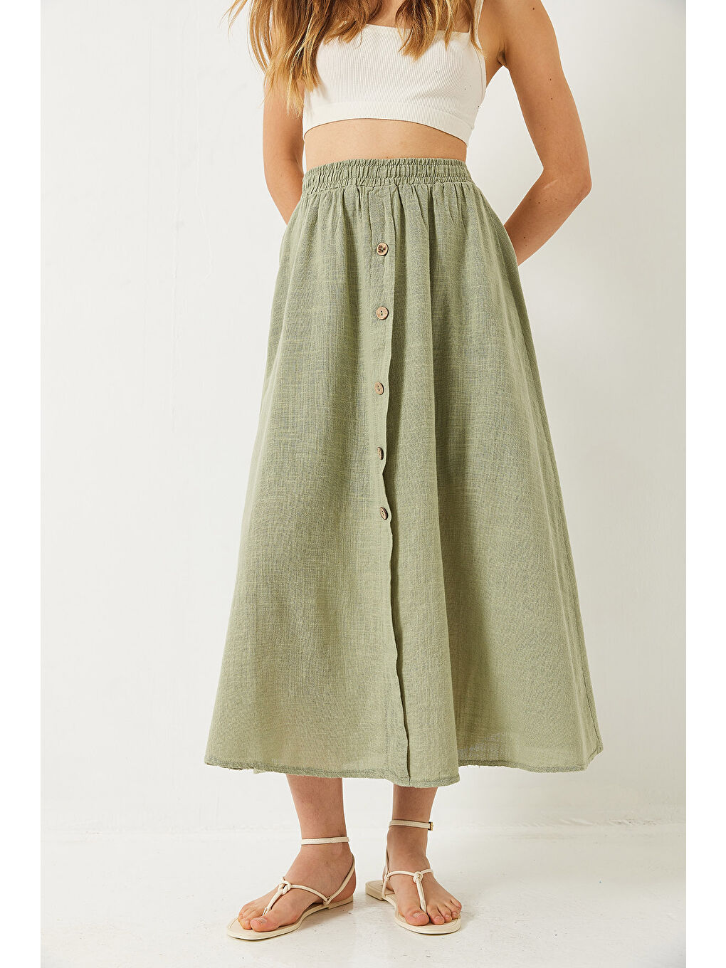 Yeşil Kadın Düğme Detaylı Beli Lastikli Kısa Astarlı Keten Etek-3