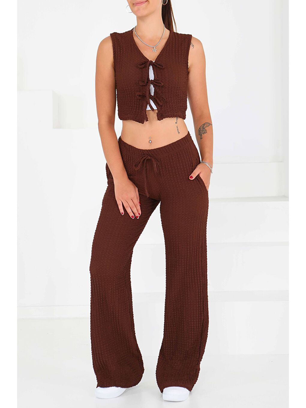 Kahverengi Önü Bağlamalı Takım Kahve - 27537-2