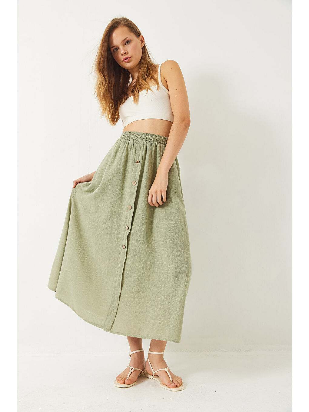 Yeşil Kadın Düğme Detaylı Beli Lastikli Kısa Astarlı Keten Etek-4