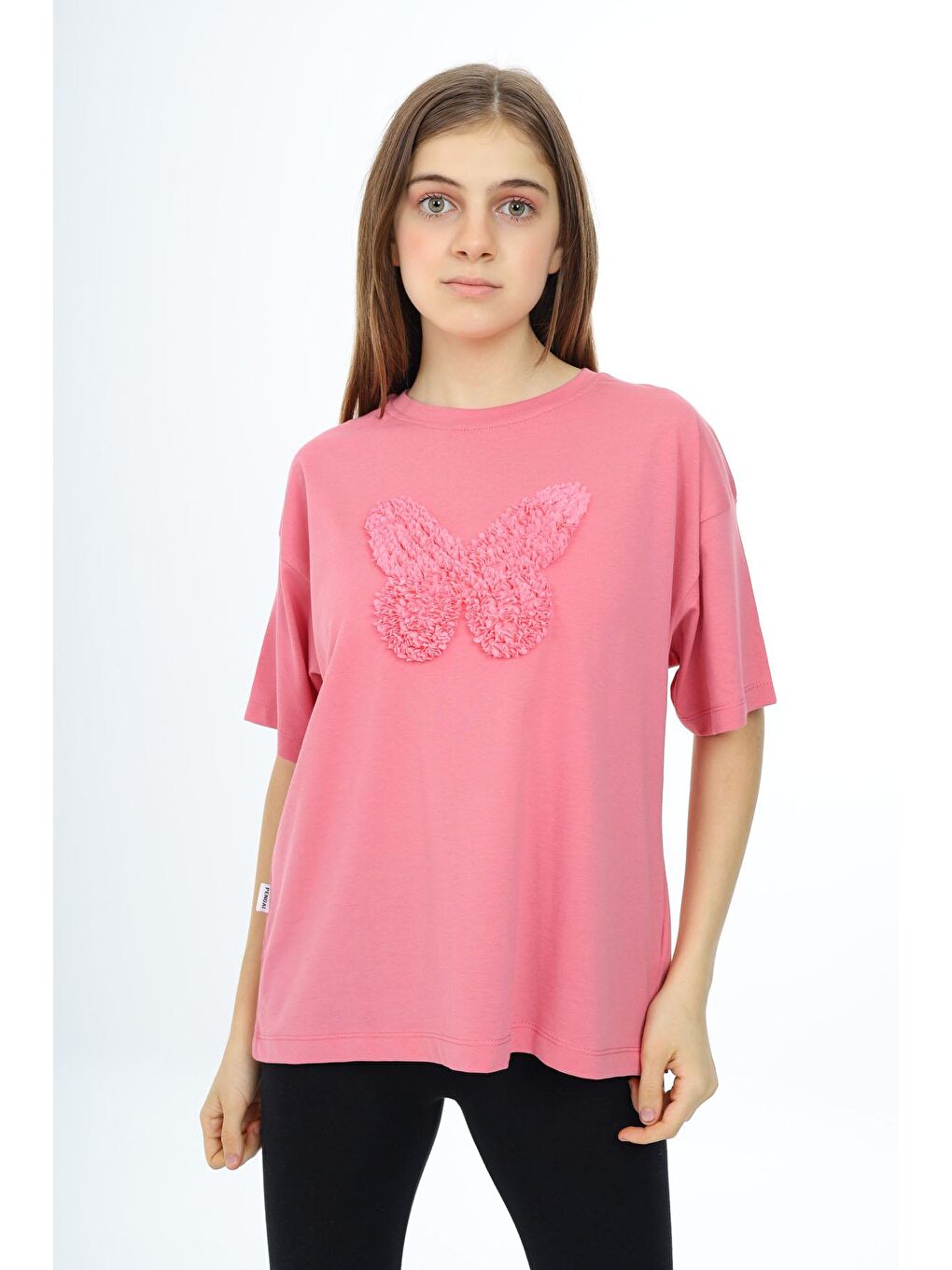 Pembe Gül Kurusu Kelebek İşlemeli Kısa Kol Kız Çocuk Tişört