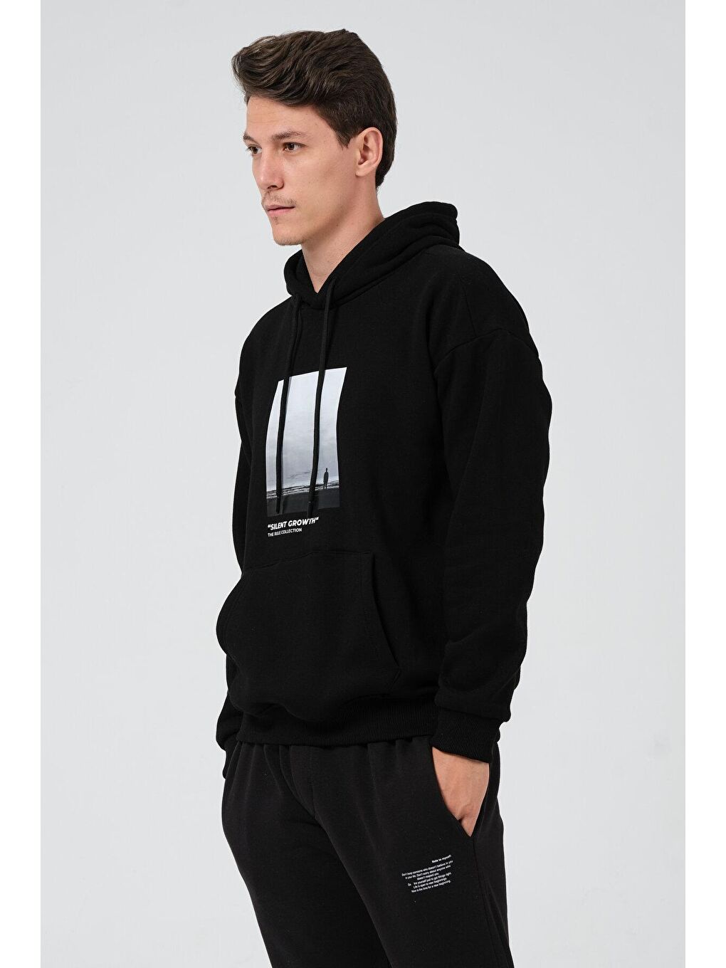 Siyah Oversize Fit Kapüşonlu Yaka Kanguru Cepli İçi Yumuşak Tüylü Baskılı  Erkek Hoodie RF0306-2