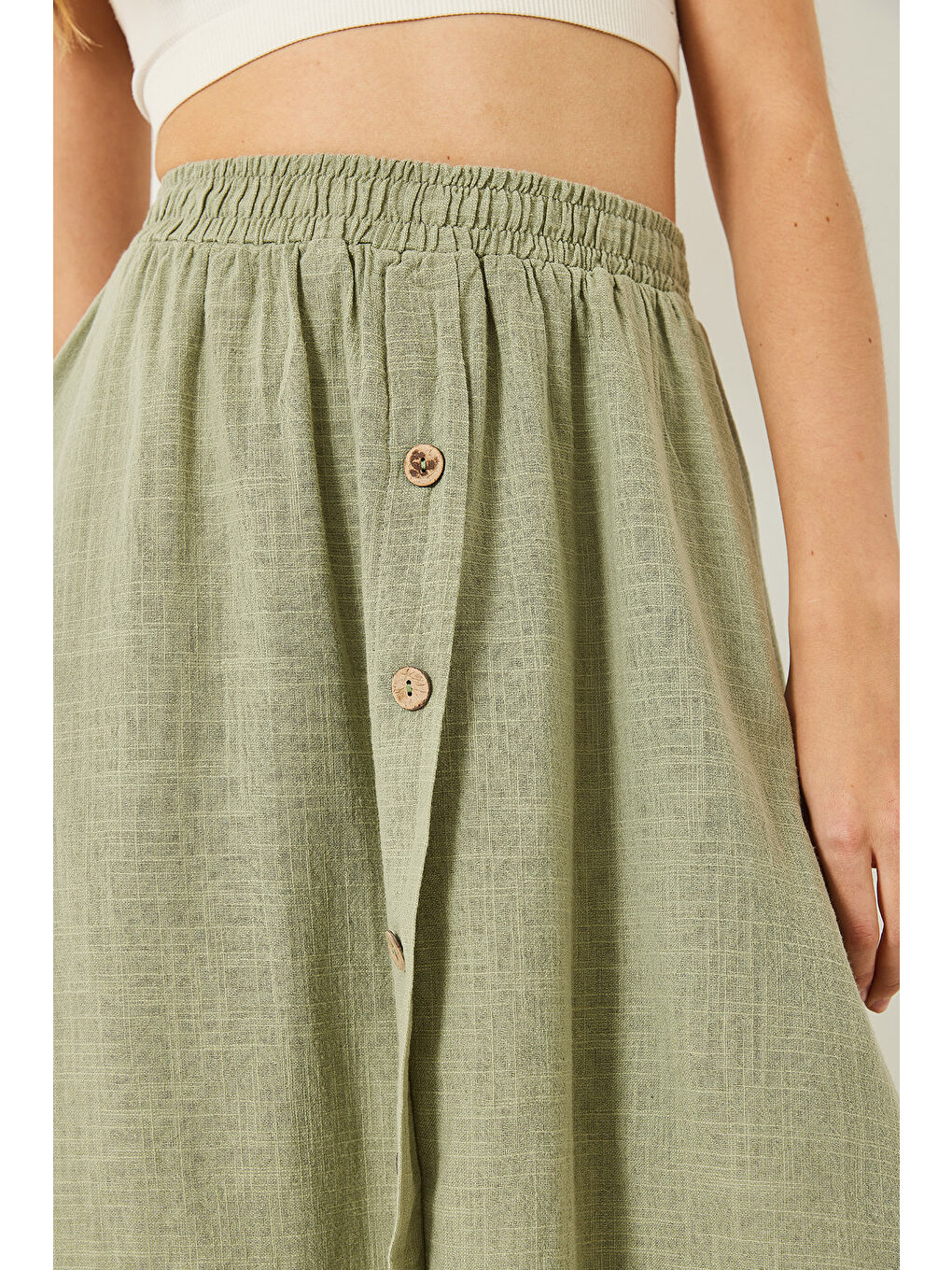 Yeşil Kadın Düğme Detaylı Beli Lastikli Kısa Astarlı Keten Etek-5