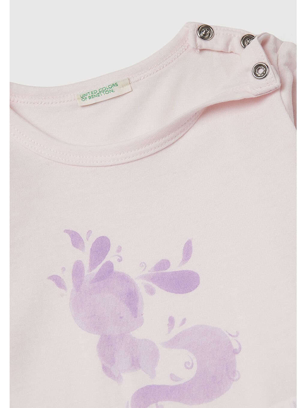 Bebek Toz Pembe Önü Baskılı Omzu Gizli Düğmeli Uzun Kollu T-shirt-2