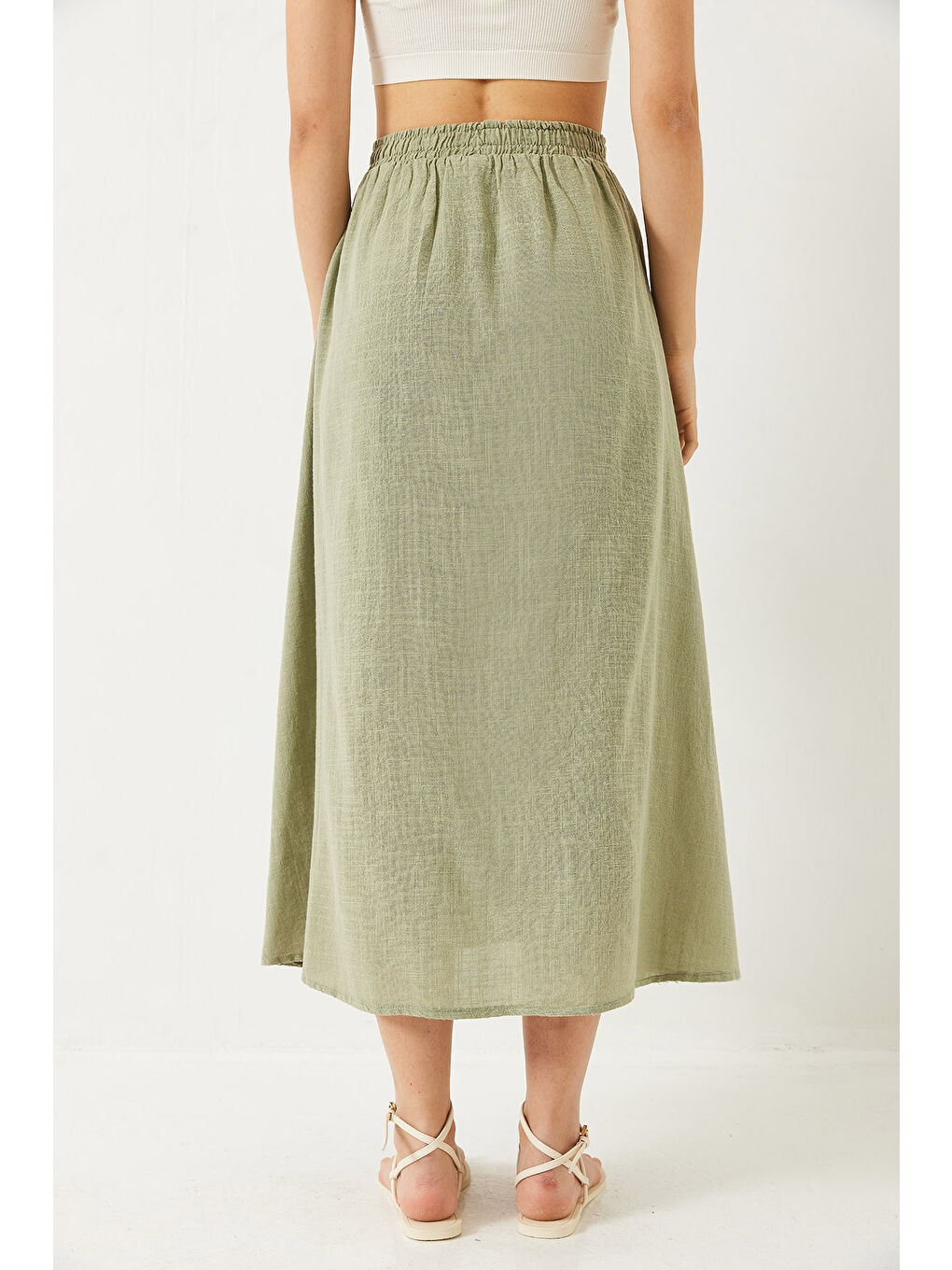 Yeşil Kadın Düğme Detaylı Beli Lastikli Kısa Astarlı Keten Etek-6