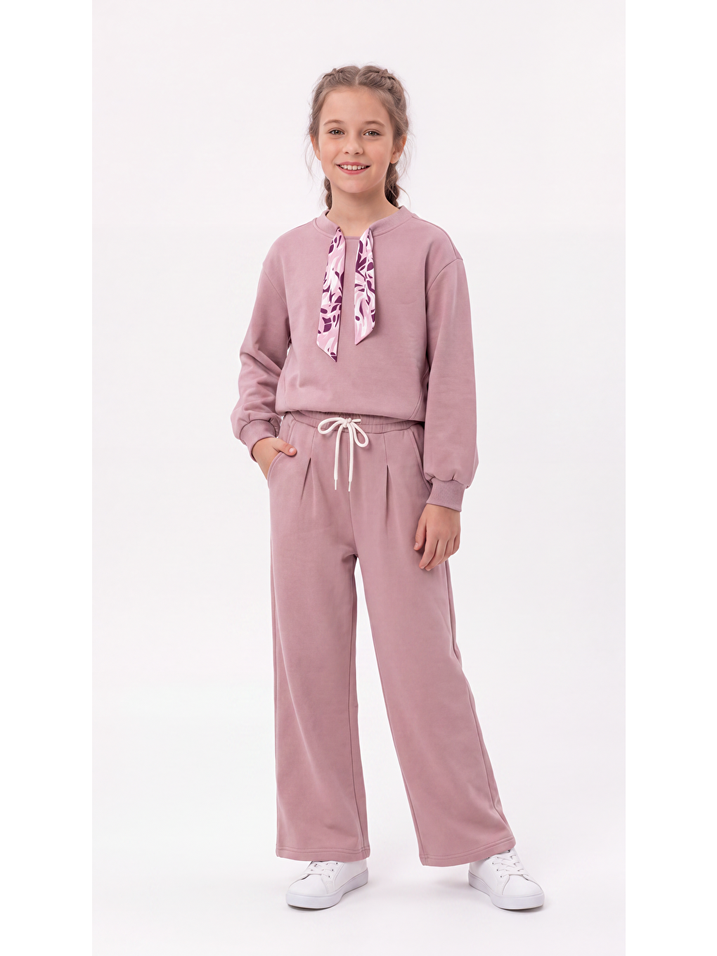 Lila Üst Yaka Fulorlu Pileli 3 İp Kumaş Kız Çocuk Alt Üst Eşofman Takımı-1