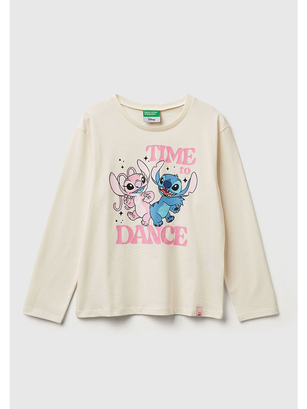 Kız Çocuk Ekru Önü Baskılı Logo Etiketi Detaylı Uzun Kollu T-shirt