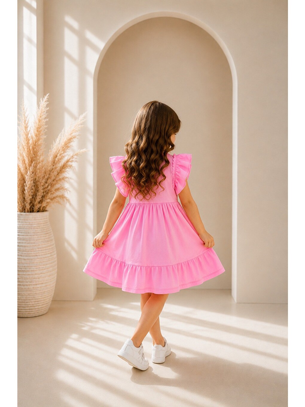 Kız Çocuk Elbise Pembe Renk Fırfır Kollu Günlük Model-2