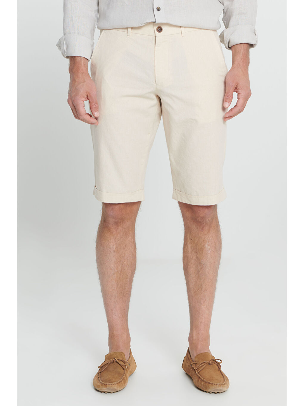 Erkek Ekru Dar Kesim %100 Pamuk Yan Cep Şort-1