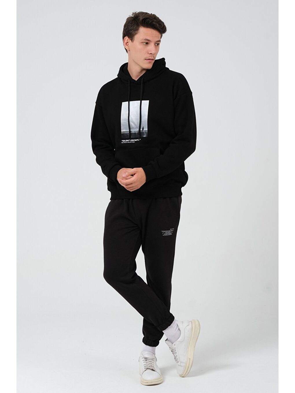 Siyah Oversize Fit Kapüşonlu Yaka Kanguru Cepli İçi Yumuşak Tüylü Baskılı  Erkek Hoodie RF0306-3