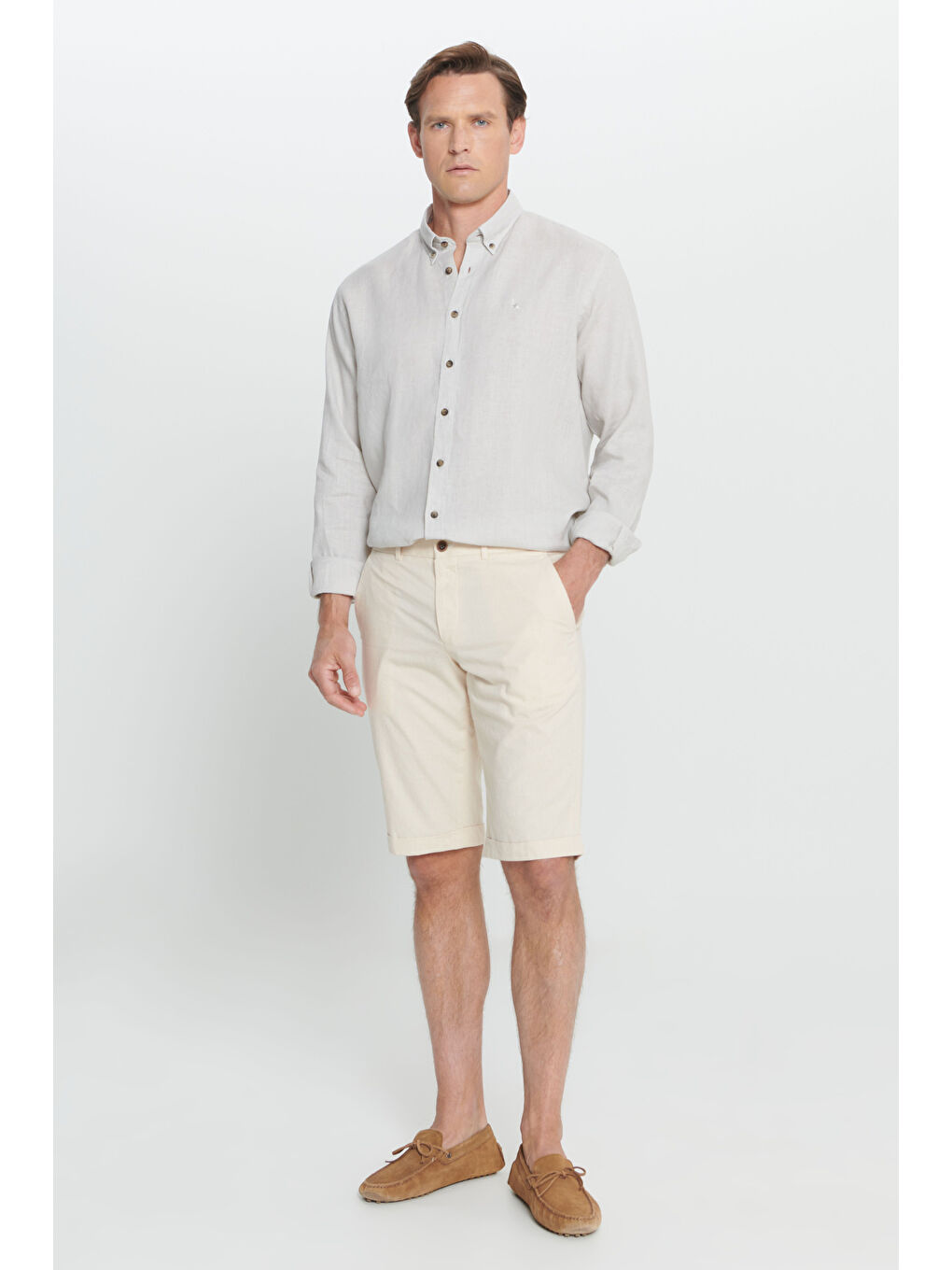 Erkek Ekru Dar Kesim %100 Pamuk Yan Cep Şort-2