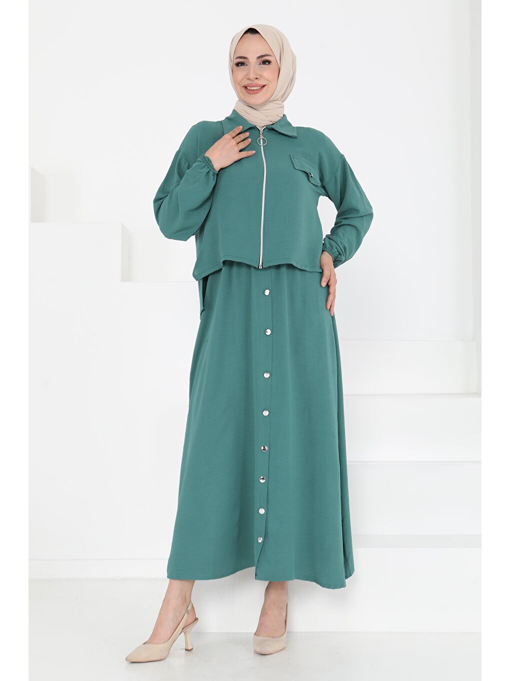 Yeşil Fermuar Detay Elbise Takım Yesil - 27178