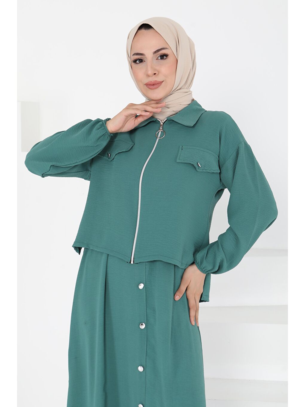 Yeşil Fermuar Detay Elbise Takım Yesil - 27178-1