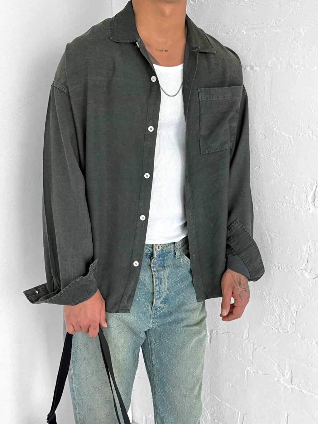 Erkek Oversize Yıkamalı Gömlek Haki-2