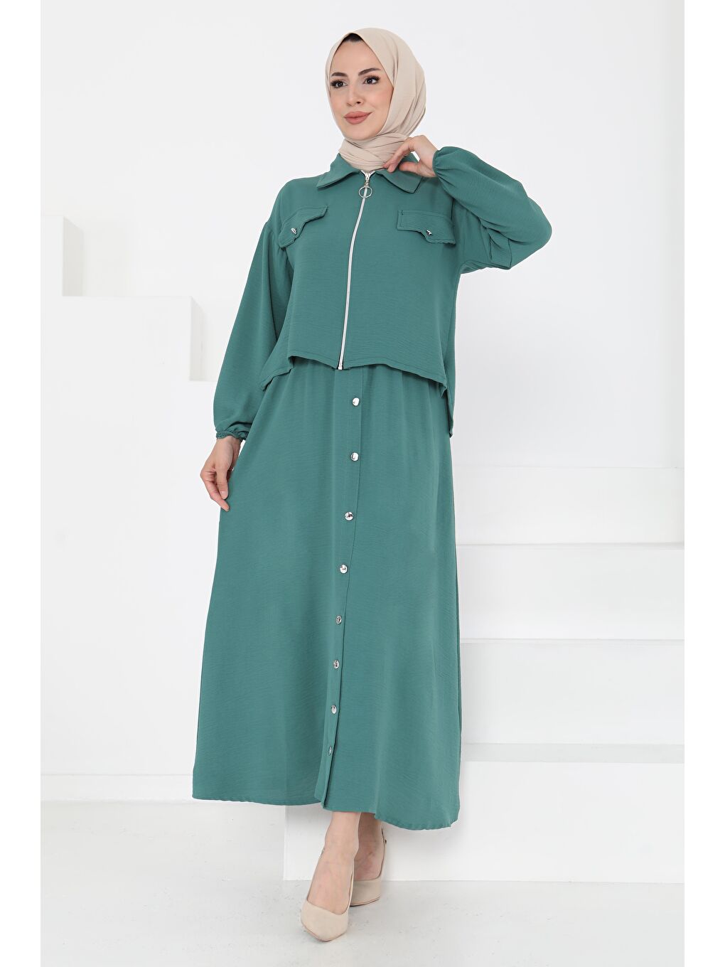Yeşil Fermuar Detay Elbise Takım Yesil - 27178-2