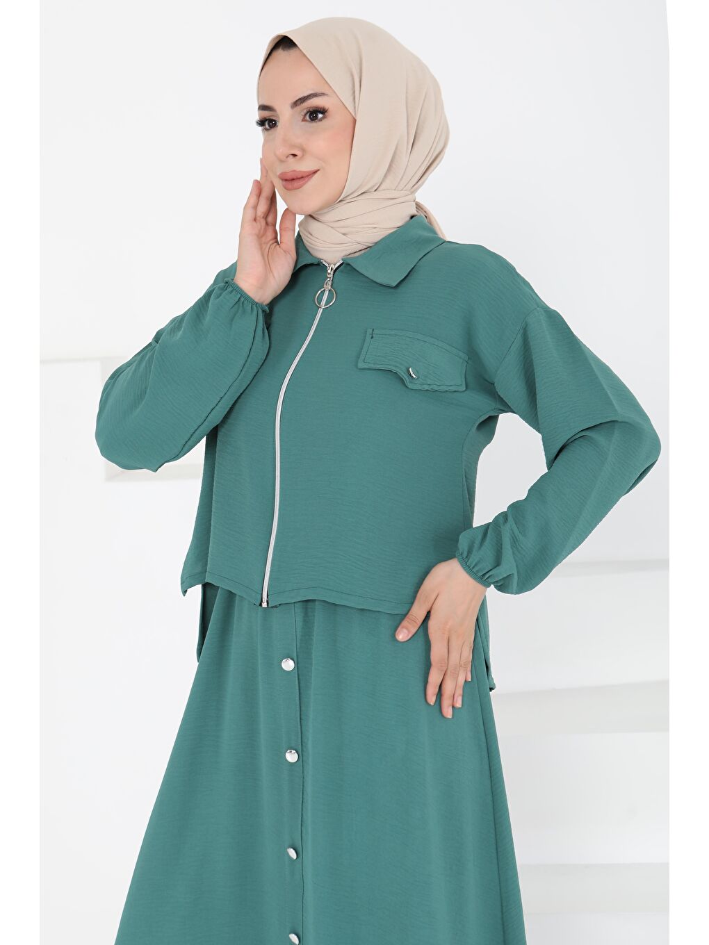 Yeşil Fermuar Detay Elbise Takım Yesil - 27178-3