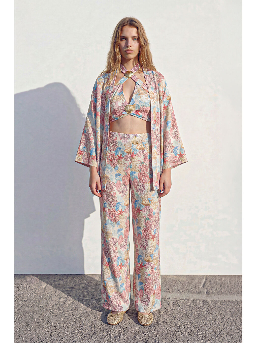 Çiçek Desenli Kısa Kimono Pembe-1