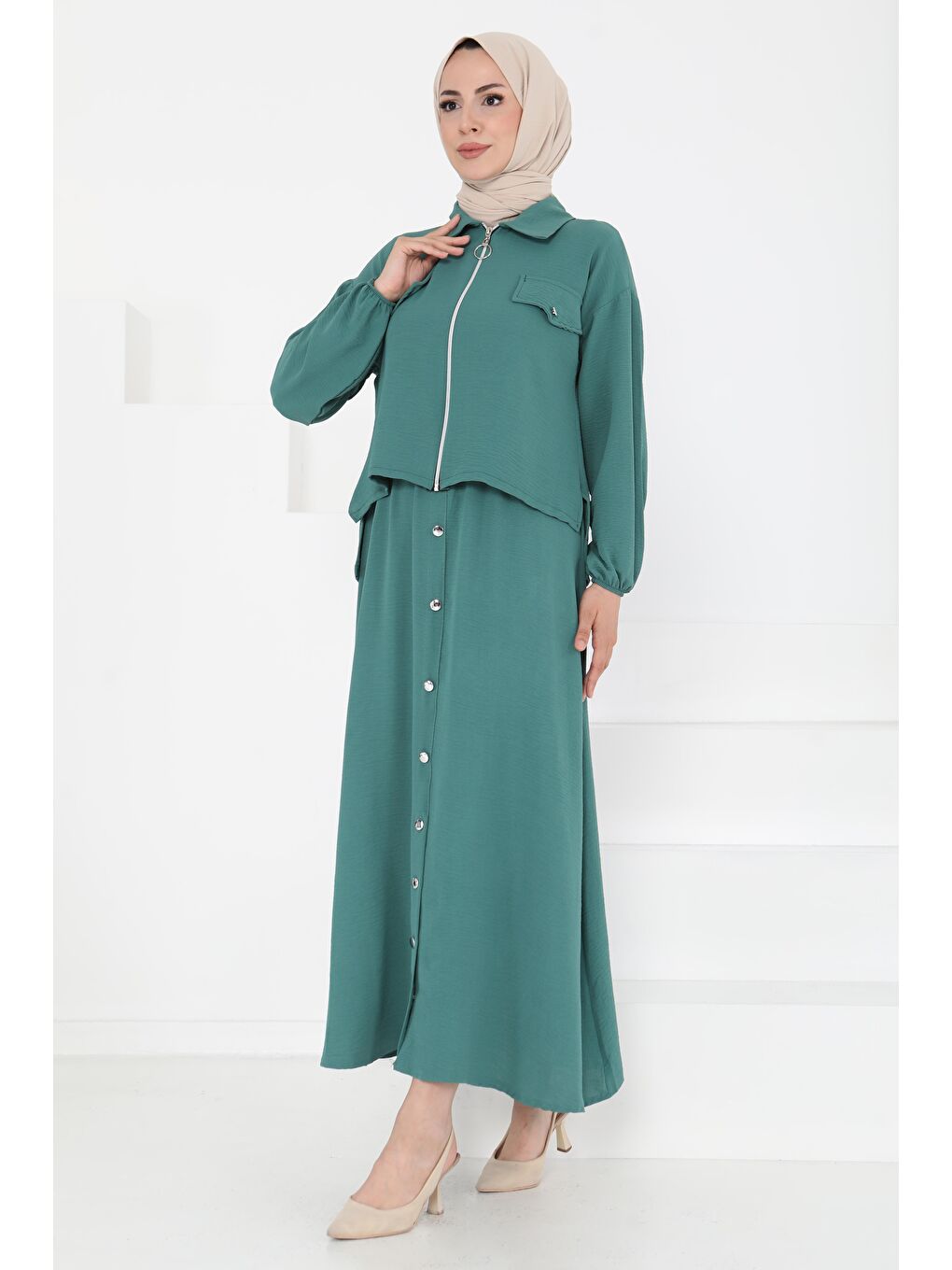 Yeşil Fermuar Detay Elbise Takım Yesil - 27178-4