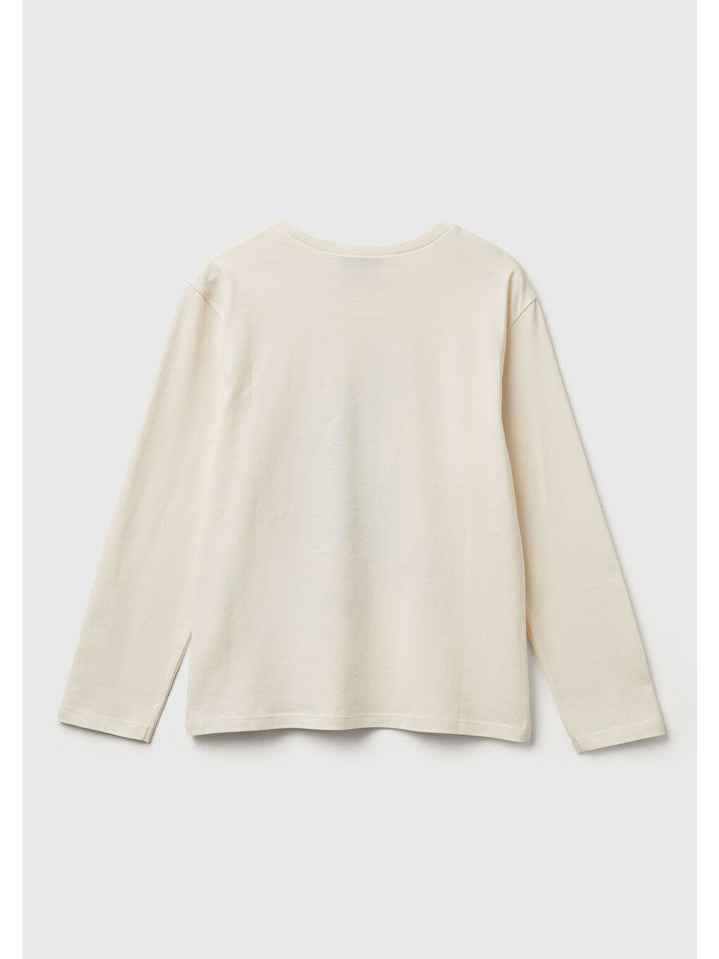 Kız Çocuk Ekru Önü Baskılı Logo Etiketi Detaylı Uzun Kollu T-shirt-1