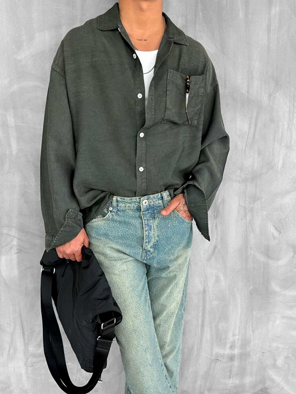 Erkek Oversize Yıkamalı Gömlek Haki-3