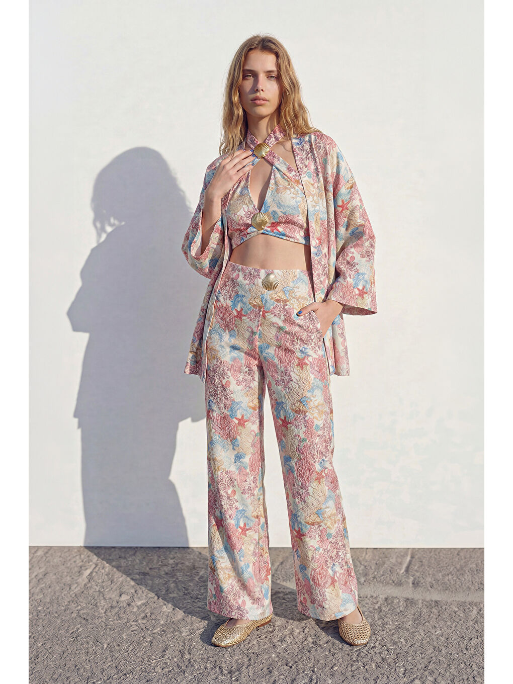 Çiçek Desenli Kısa Kimono Pembe-2