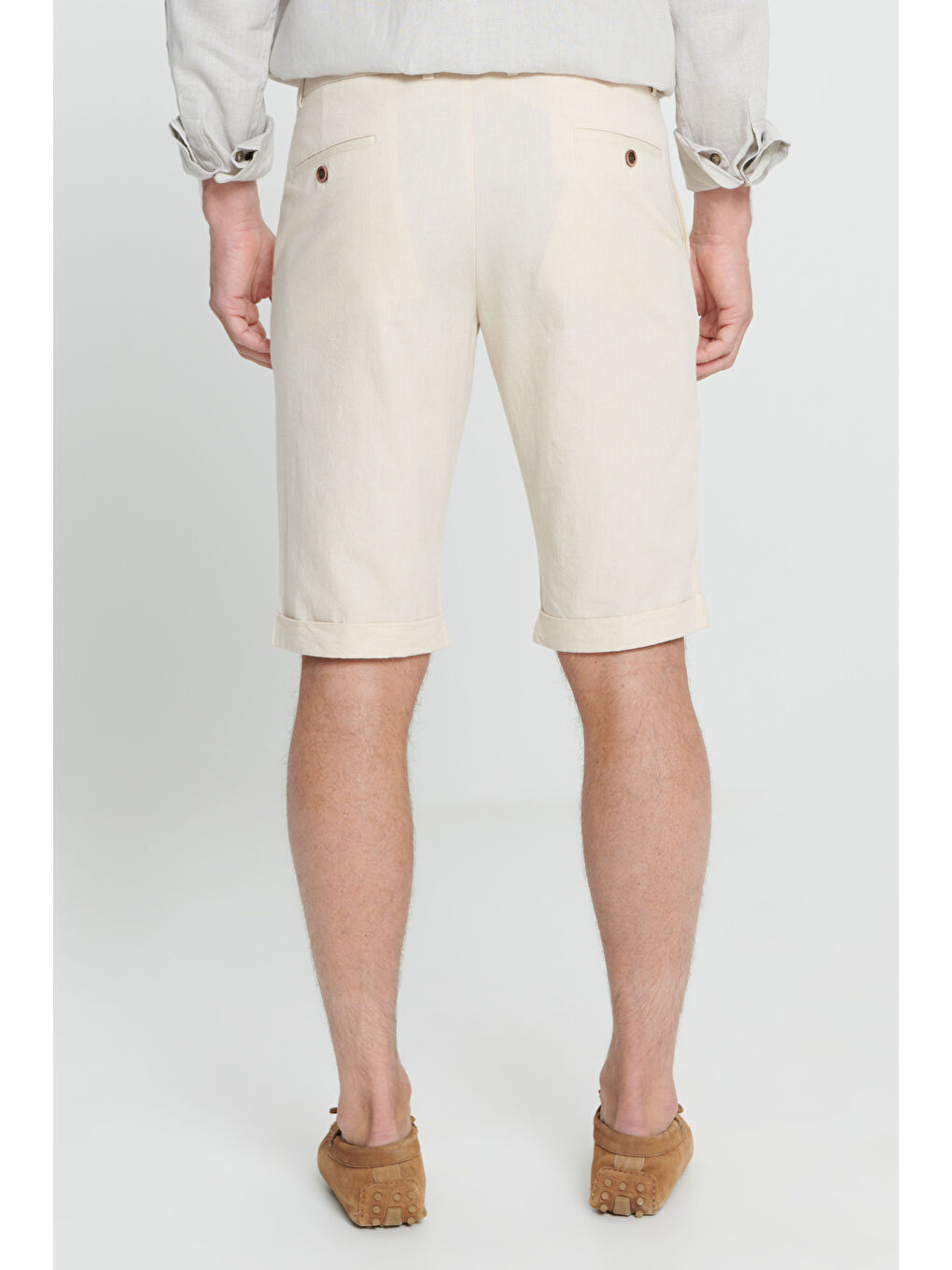 Erkek Ekru Dar Kesim %100 Pamuk Yan Cep Şort-4