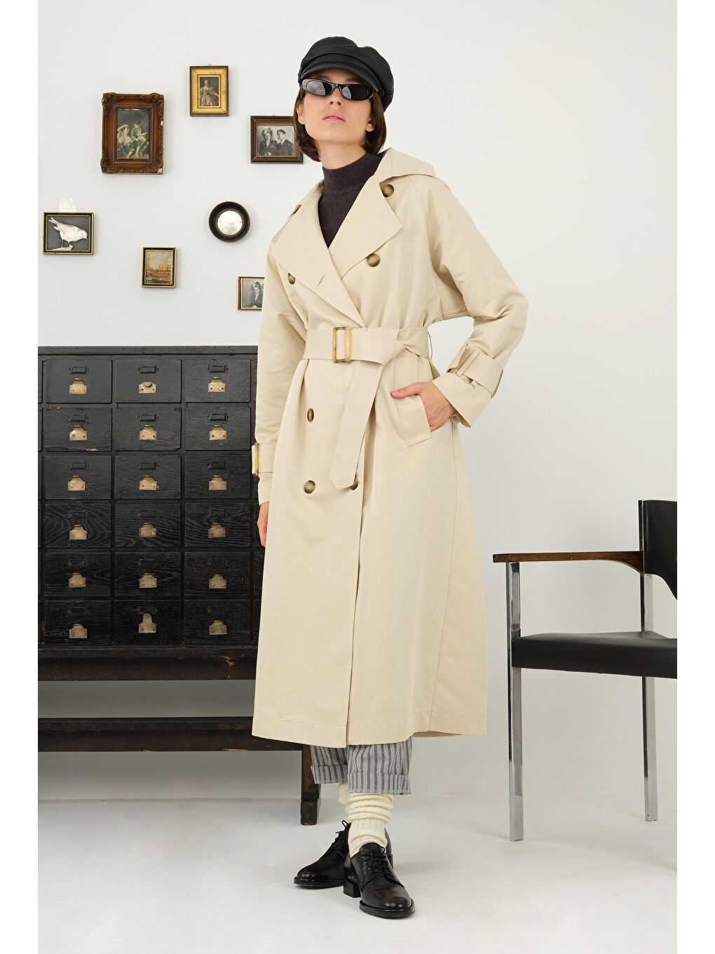 Kemeri Tokalı Trençkot Bej-4