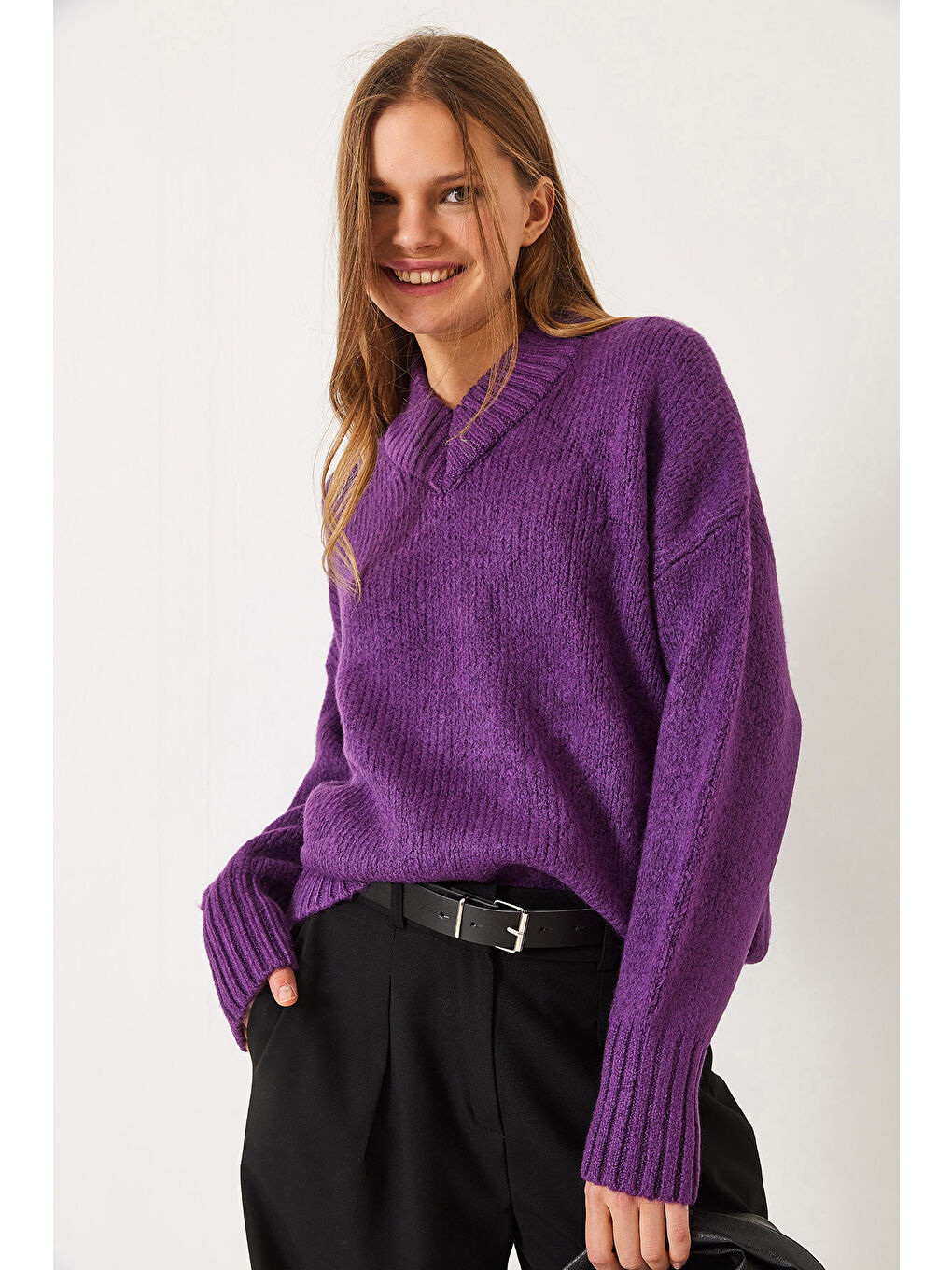 Mor Kadın V Yaka Triko Kazak-1