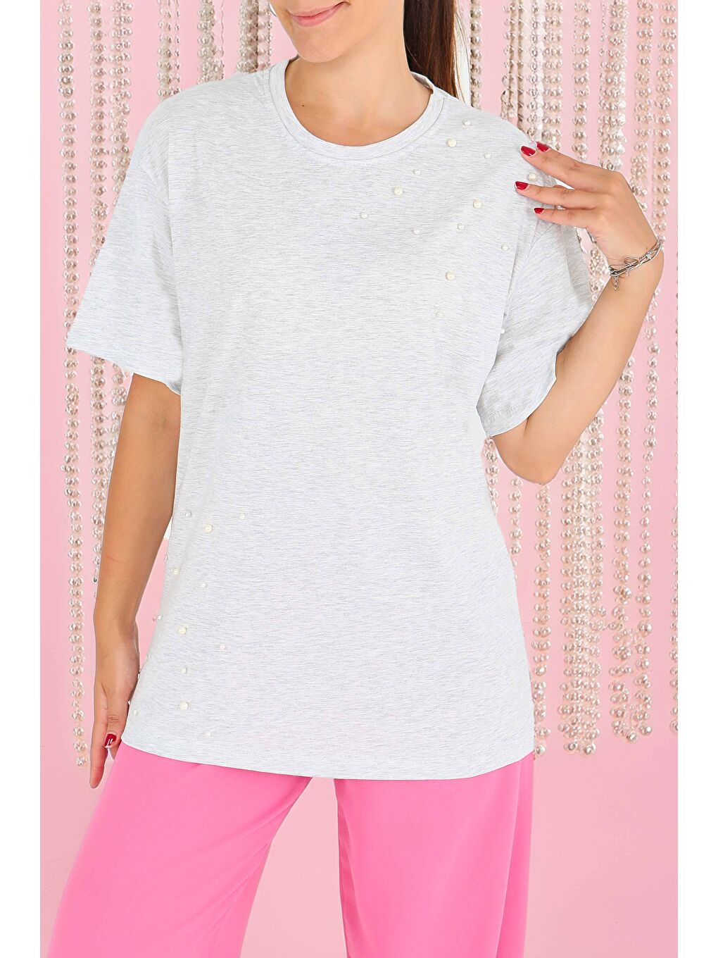 İncili Kısa Kollu T-Şhirt Gri - 27543-1