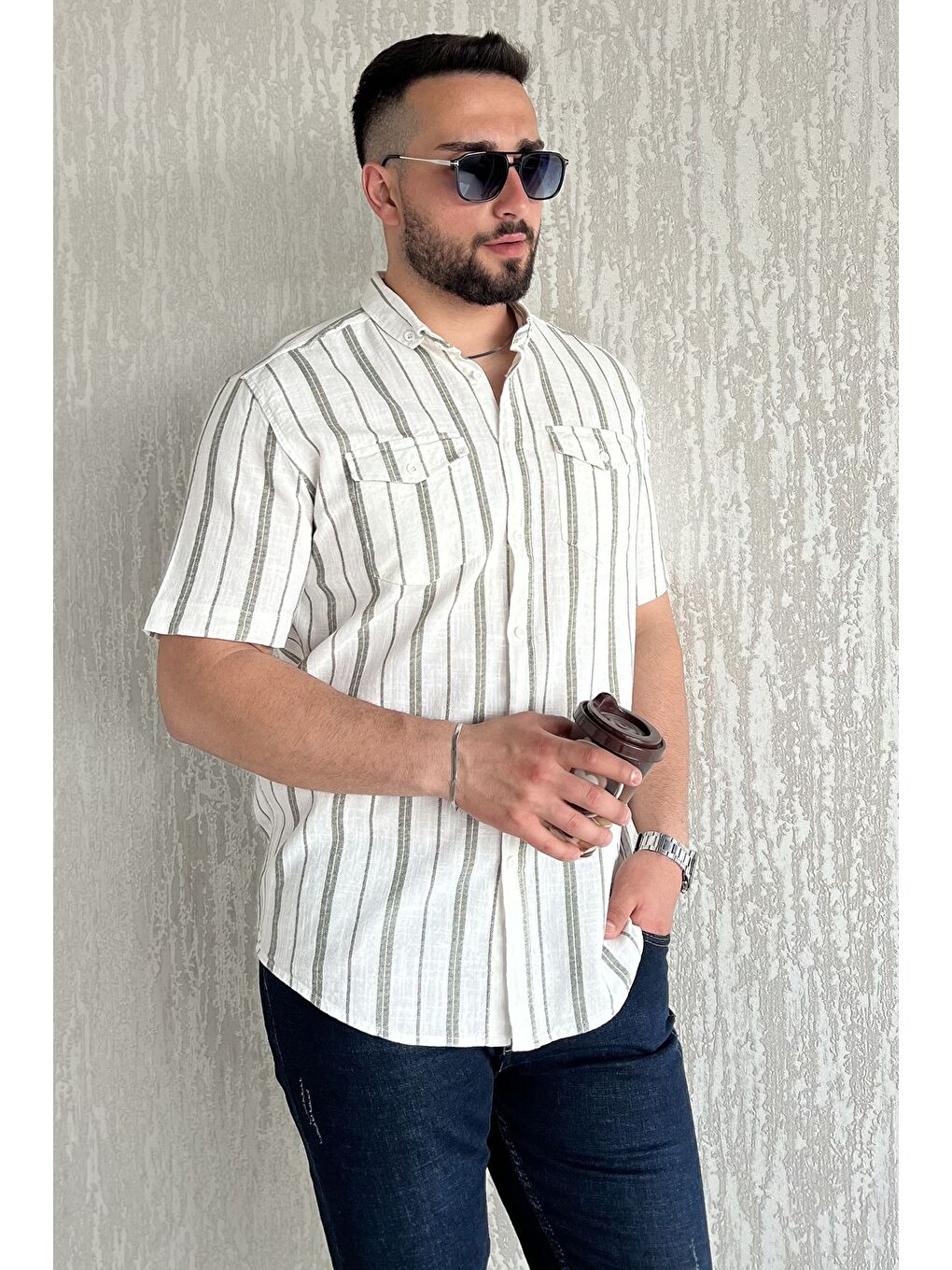 Haki Erkek Çift Cepli Çizgili Kısa Kol Gömlek