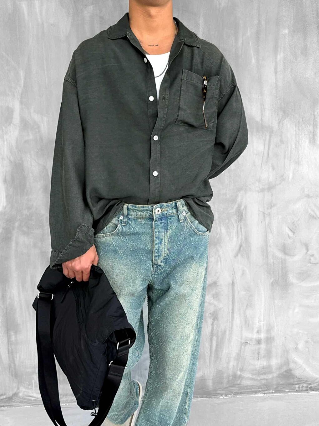 Erkek Oversize Yıkamalı Gömlek Haki-4