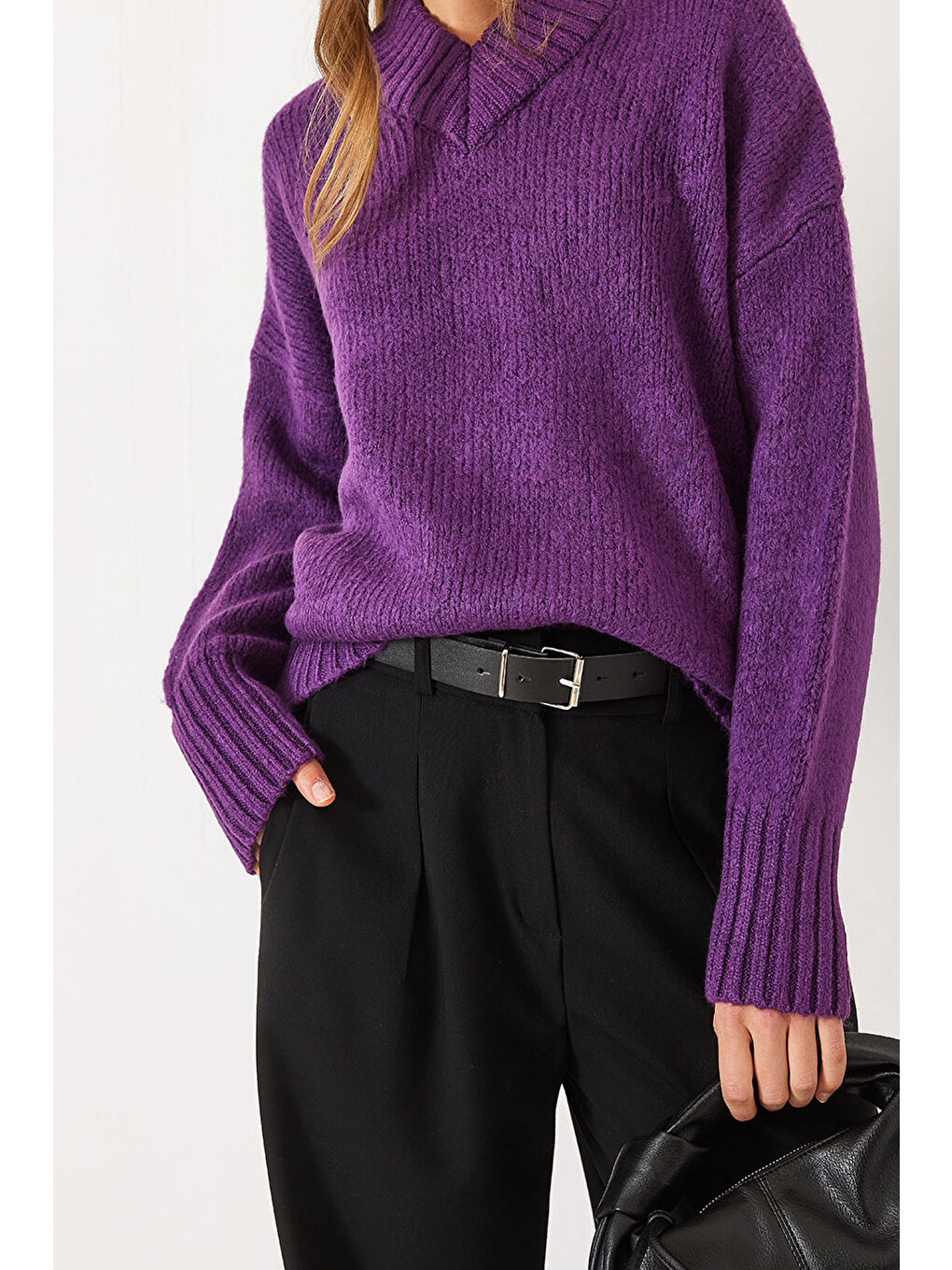 Mor Kadın V Yaka Triko Kazak-4