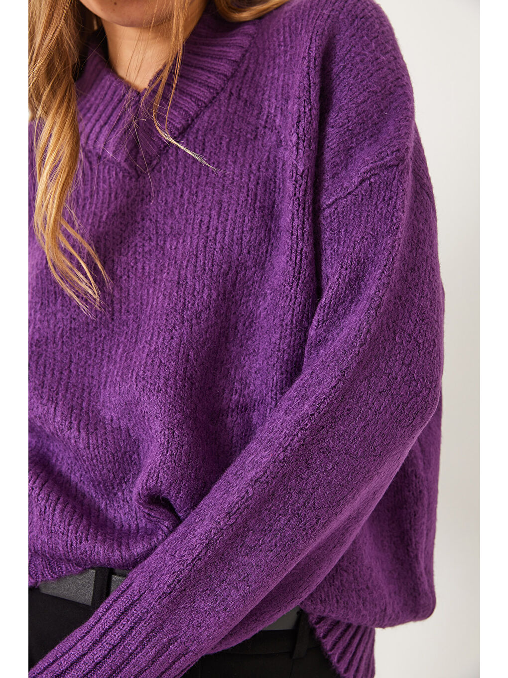 Mor Kadın V Yaka Triko Kazak-5