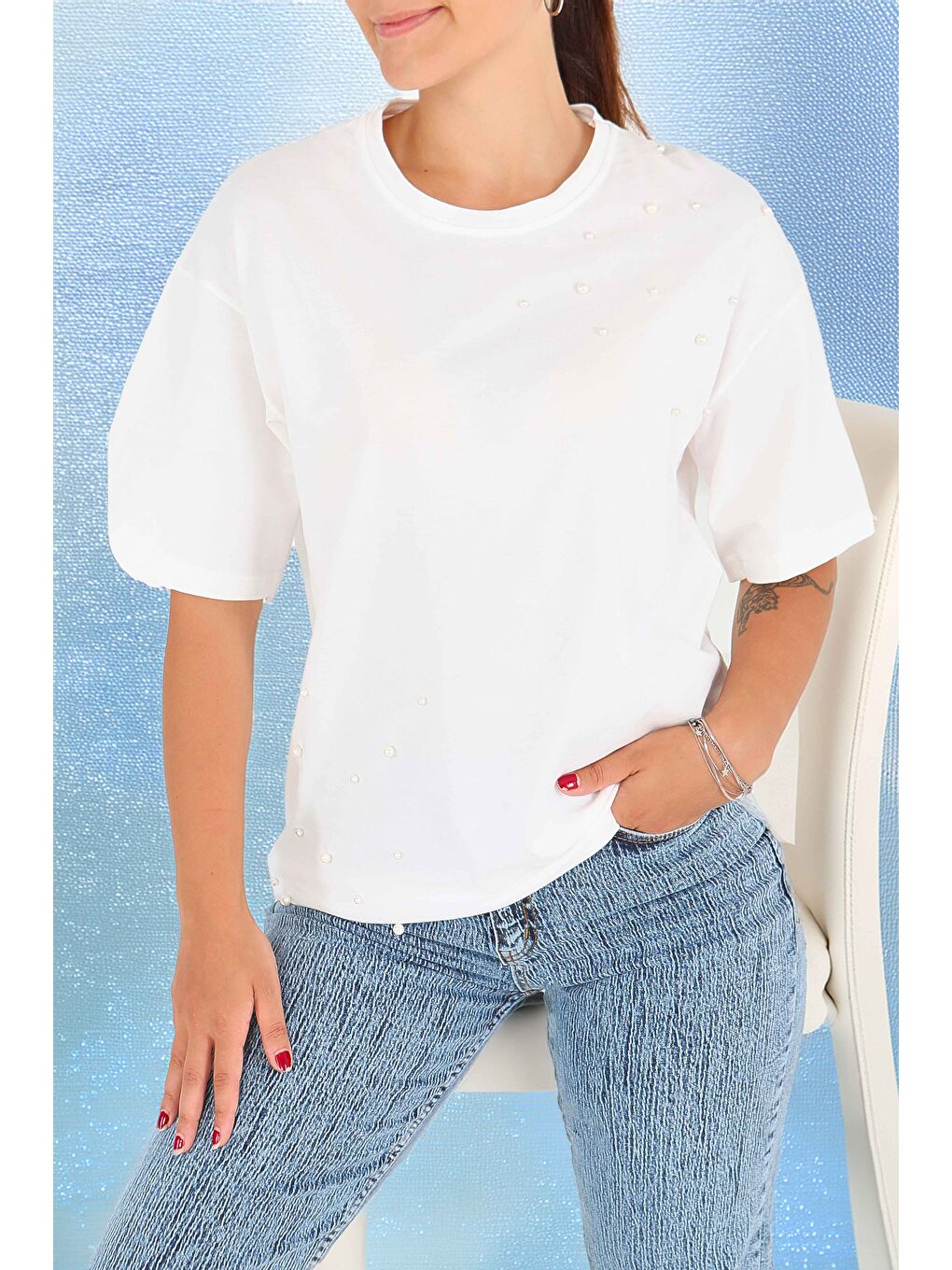 İncili Kısa Kollu T-Şhirt Beyaz - 27543