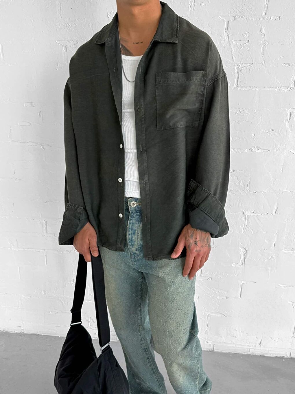 Erkek Oversize Yıkamalı Gömlek Haki-5