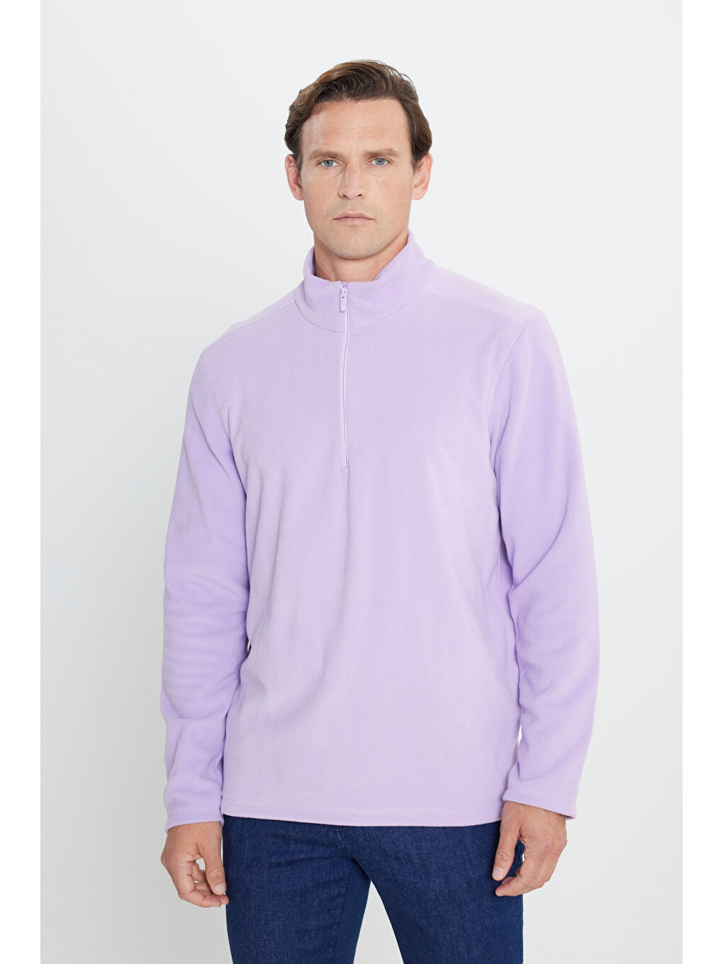 Erkek Lila Anti-Pilling Tüylenme Yapmayan Standart Fit Dik Yaka Polar Sweatshirt