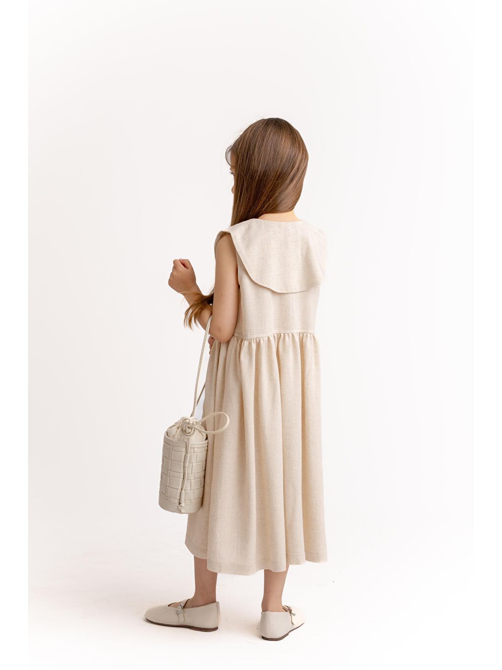 Ekru Kız Çocuk Nakışlı Keten Elbise-1