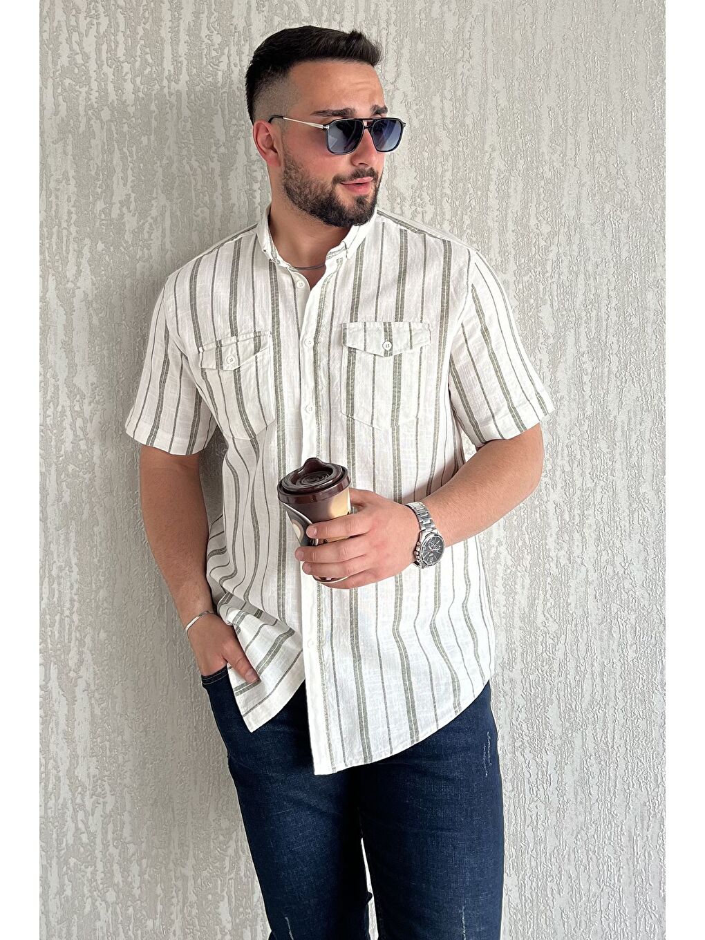 Haki Erkek Çift Cepli Çizgili Kısa Kol Gömlek-1