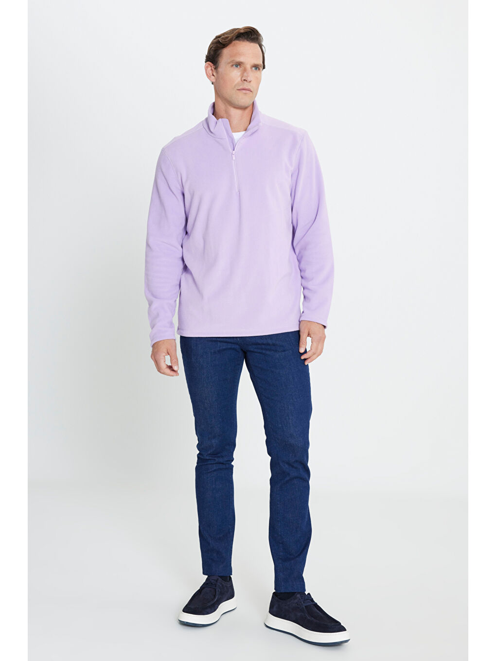 Erkek Lila Anti-Pilling Tüylenme Yapmayan Standart Fit Dik Yaka Polar Sweatshirt-1