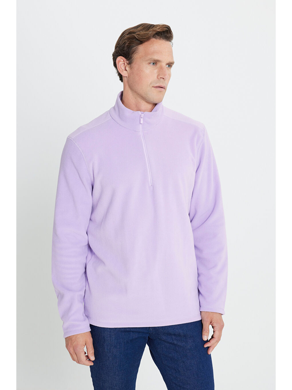 Erkek Lila Anti-Pilling Tüylenme Yapmayan Standart Fit Dik Yaka Polar Sweatshirt-2