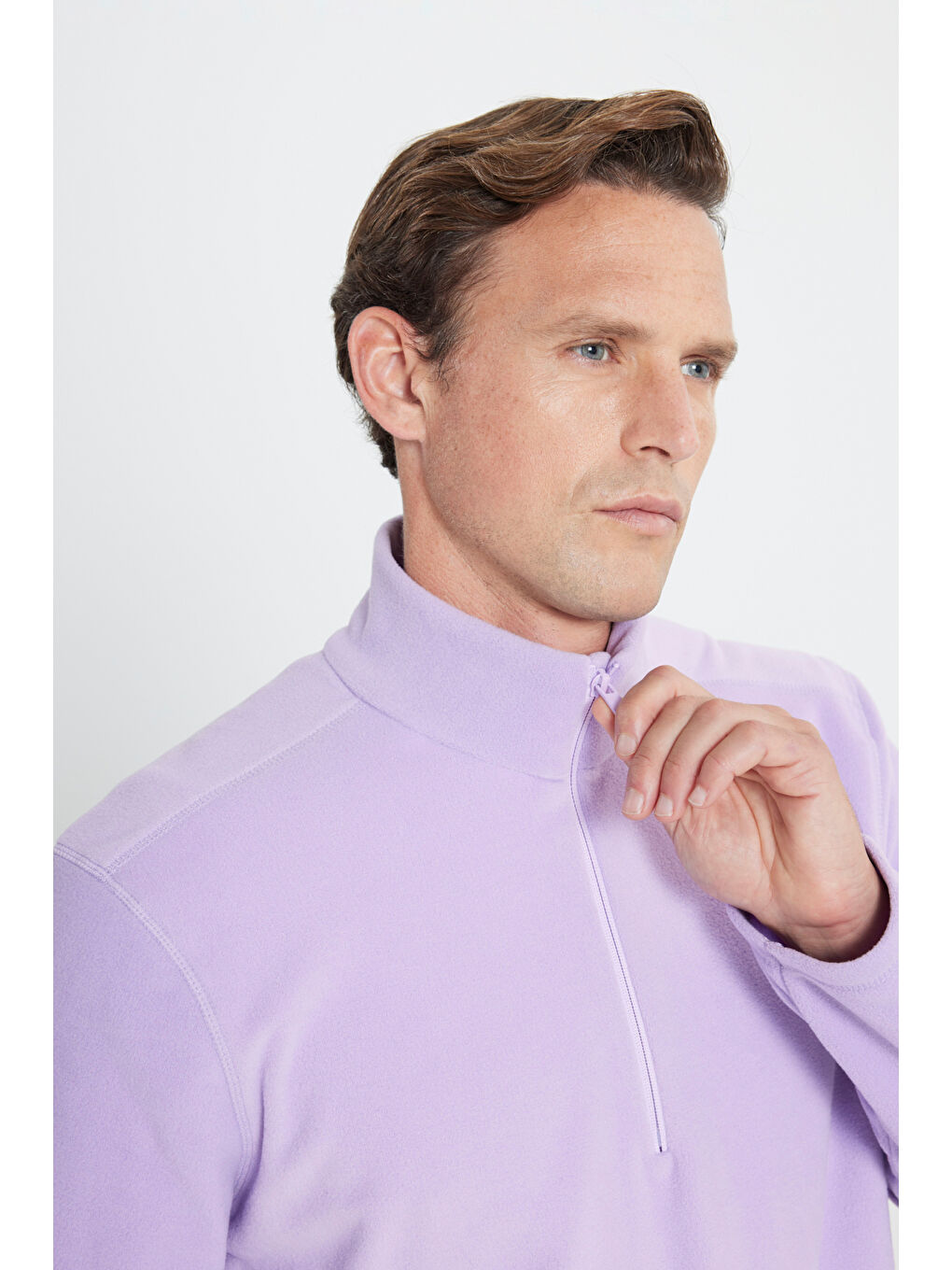 Erkek Lila Anti-Pilling Tüylenme Yapmayan Standart Fit Dik Yaka Polar Sweatshirt-3