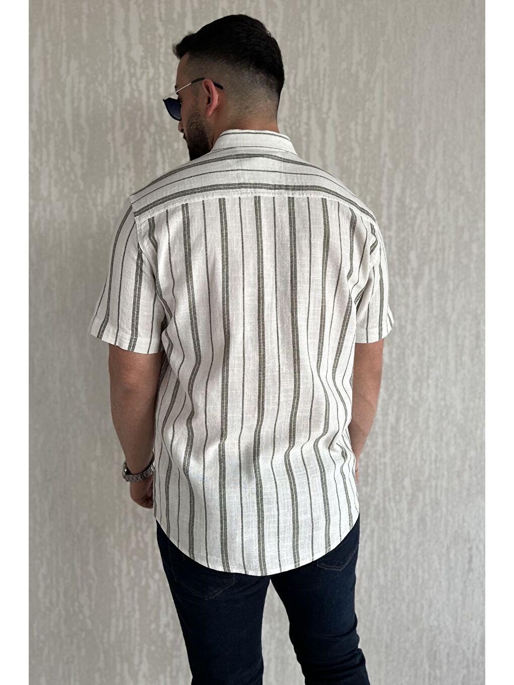 Haki Erkek Çift Cepli Çizgili Kısa Kol Gömlek-2