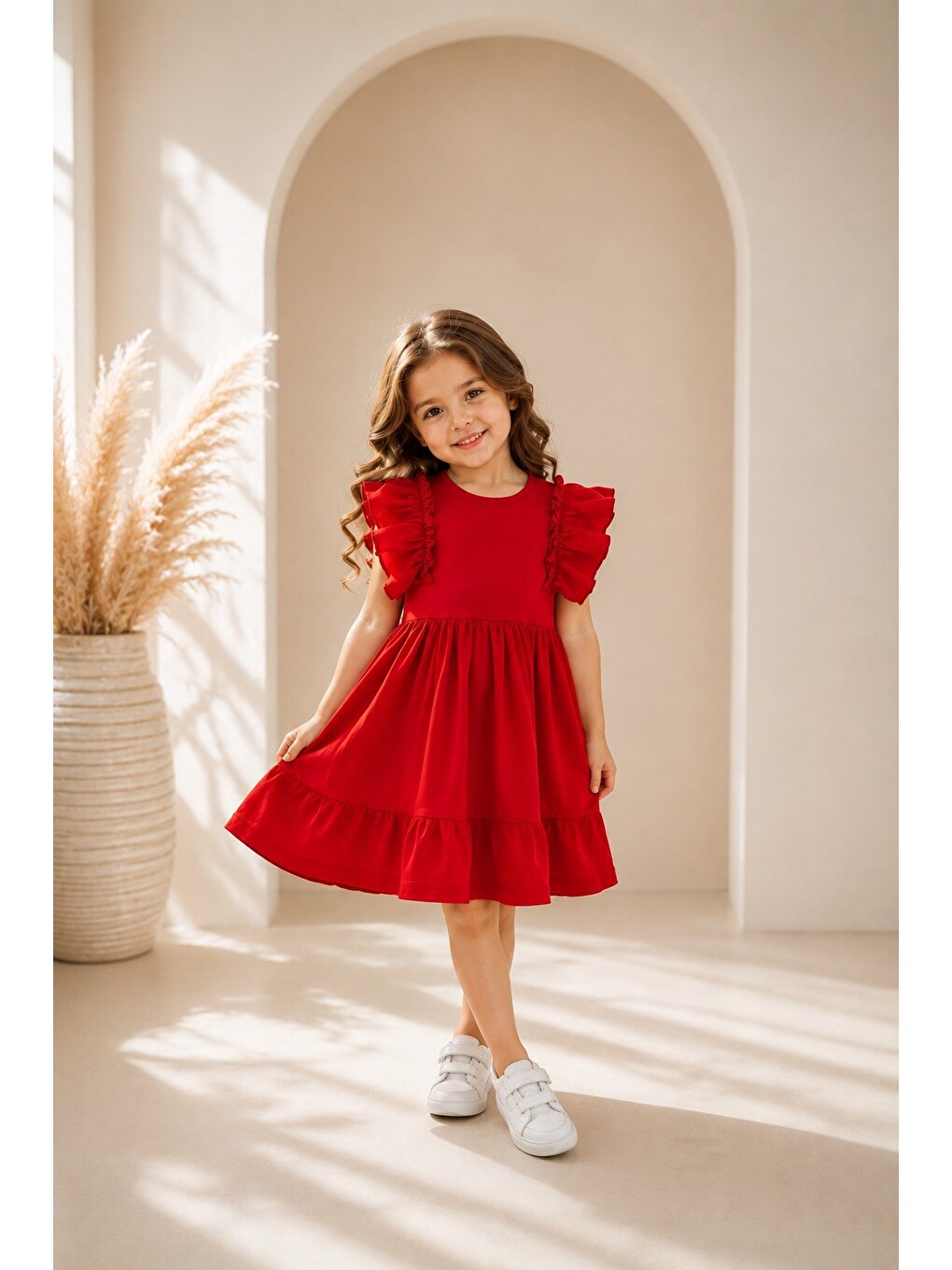 Kız Çocuk Elbise Kırmızı Renk Fırfır Kollu Günlük Model-1