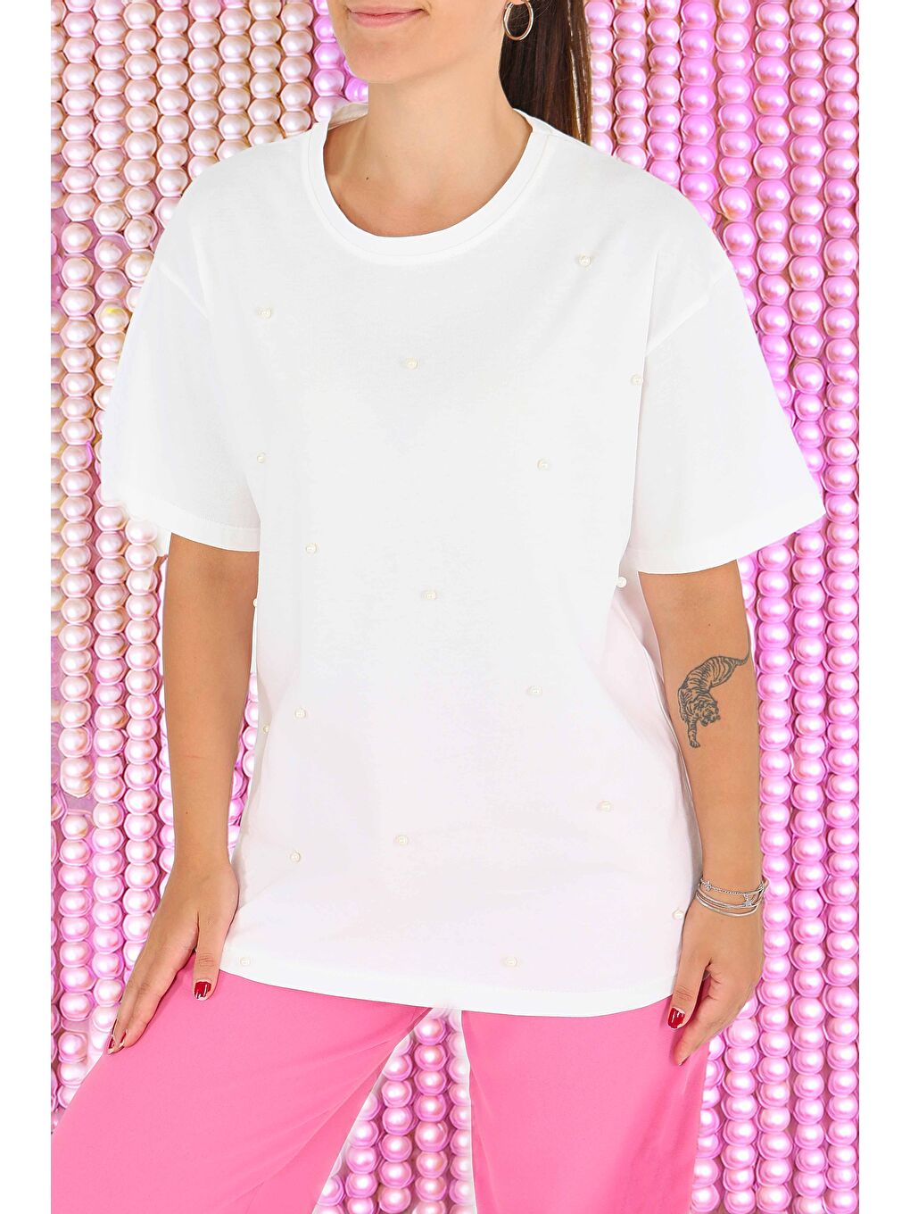 İncili Kısa Kollu T-Şhirt Beyaz - 27544-1