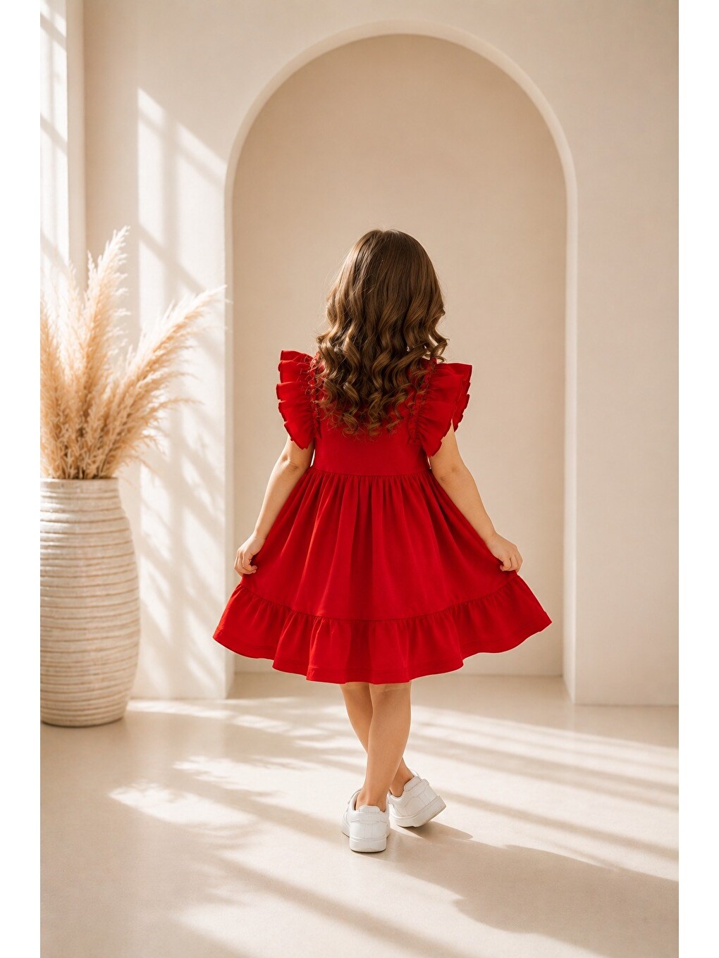 Kız Çocuk Elbise Kırmızı Renk Fırfır Kollu Günlük Model-2