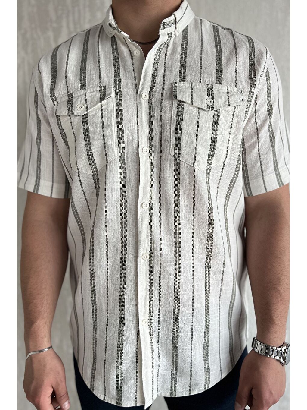 Haki Erkek Çift Cepli Çizgili Kısa Kol Gömlek-3