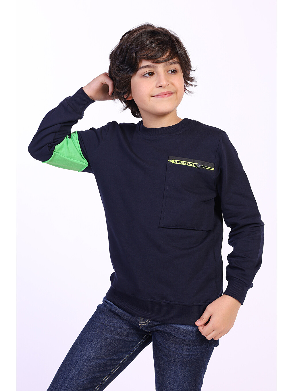 Lacivert Erkek Çocuk Kolu Baskılı Sweatshirt