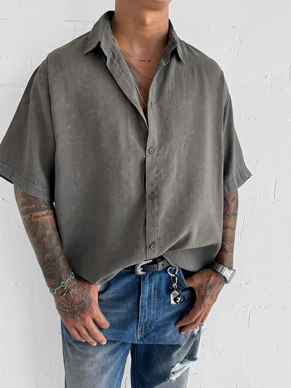 Erkek Oversize Yıkamalı Kısa Kollu Gömlek Haki Yeşil-1