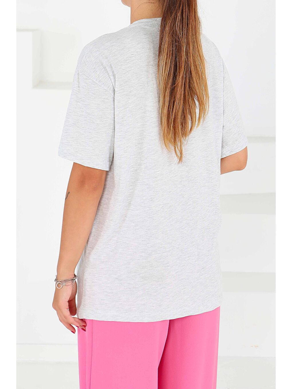 İncili Kısa Kollu T-Şhirt Gri - 27543-3